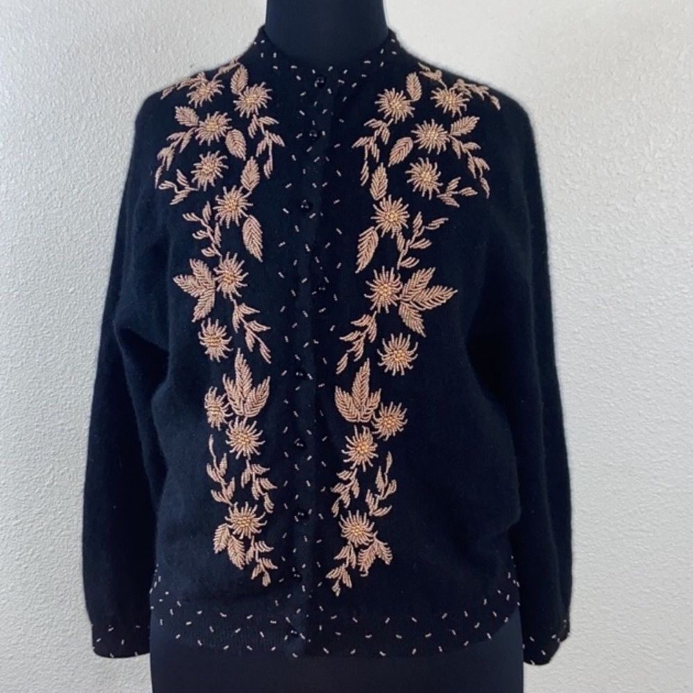 Vintage Rhinestone Sequins Wool Embroidered Black Sweater Size 44